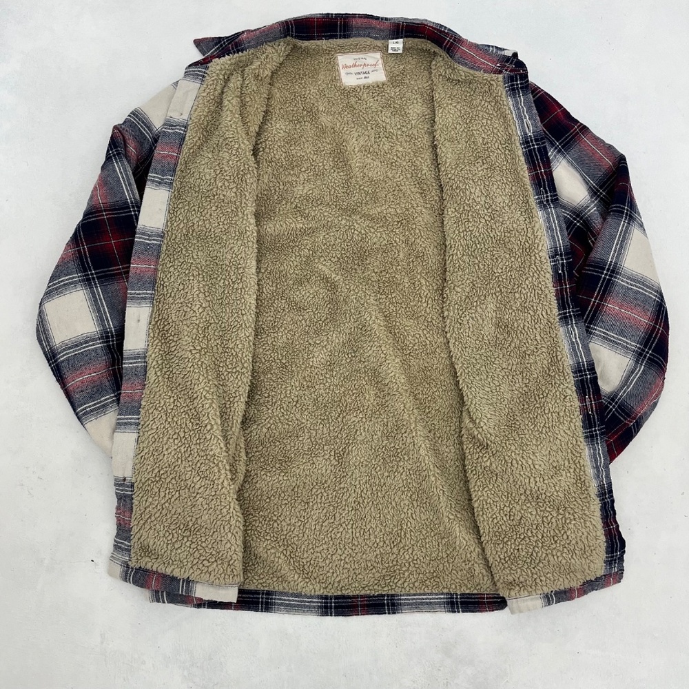 Vintage Weatherproof Mens Size L Button Up Jacket Red Blue Plaid Flannel Pockets - Picture 2 of 11